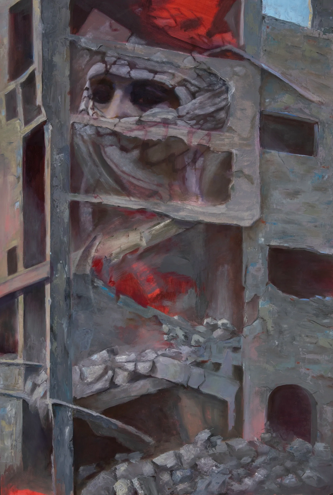 Image of woman in headscarf looking out from building in rubble. 