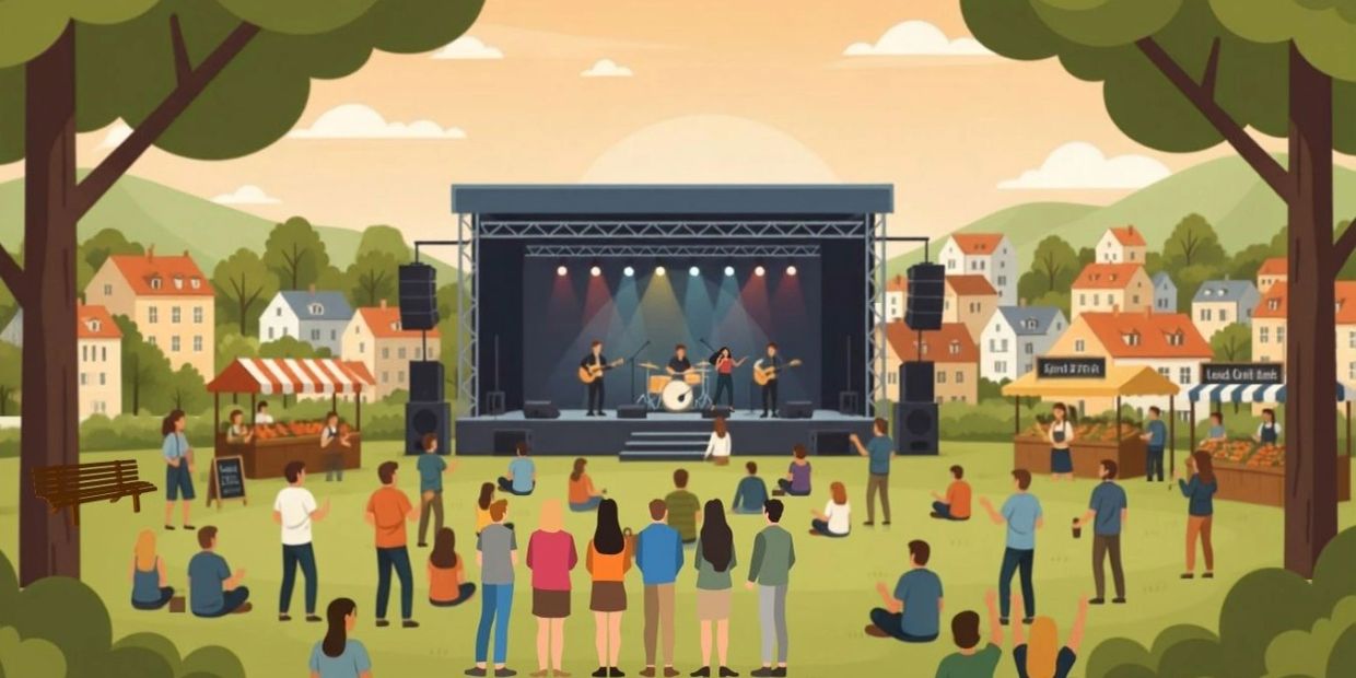 Outdoor concert with a band performing and audience enjoying in a park setting.