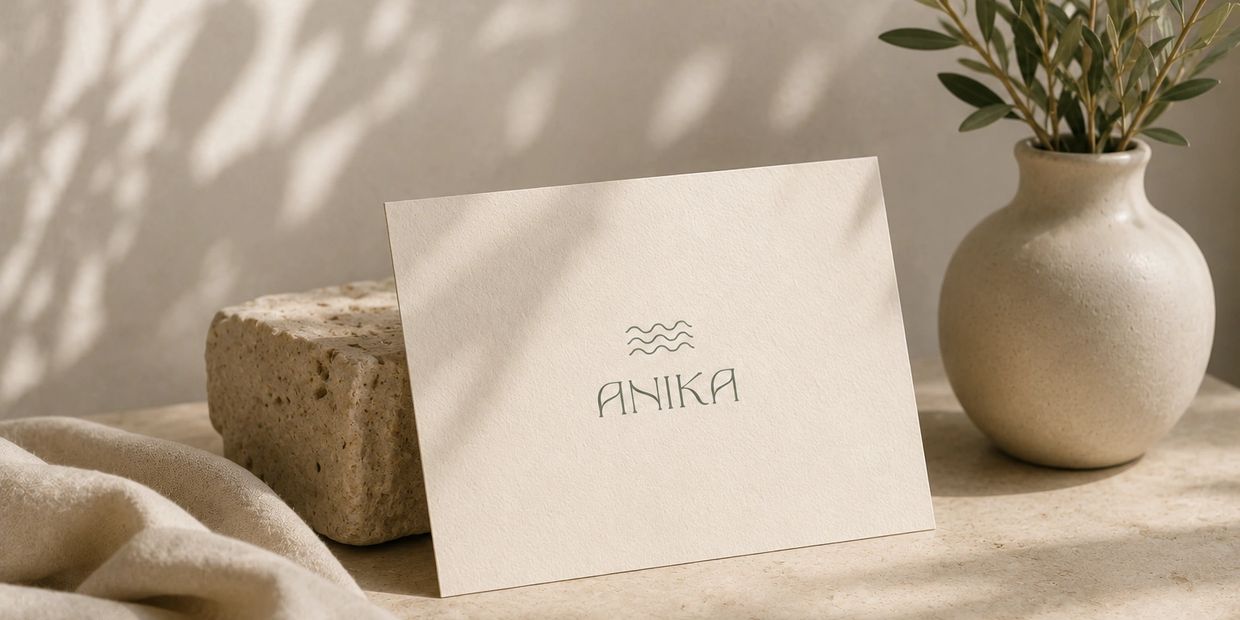 Minimalist card with "ANIKA" text in a serene beige setting.