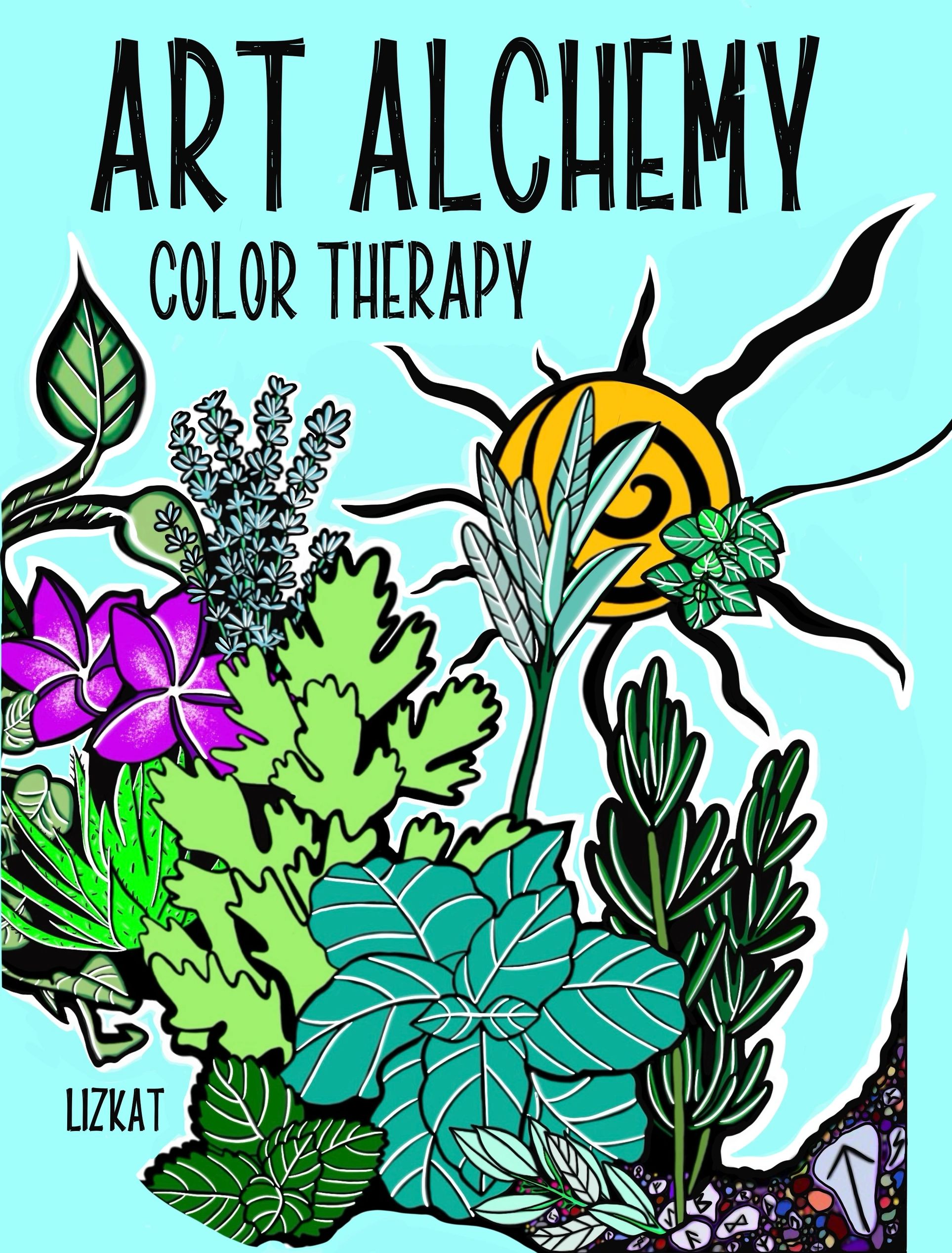 Colorful art therapy poster with plants and sun.
