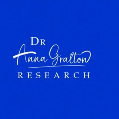 Logo of Dr. Anna Gratton Research on a blue background.