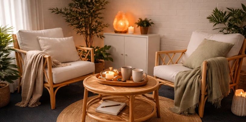 Cozy living room with wooden chairs, soft cushions, and warm lighting.