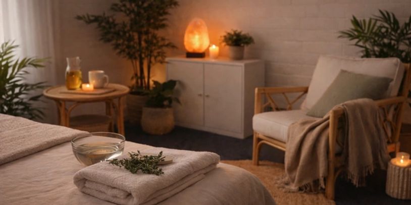 Cozy spa room with warm lighting and natural decor.