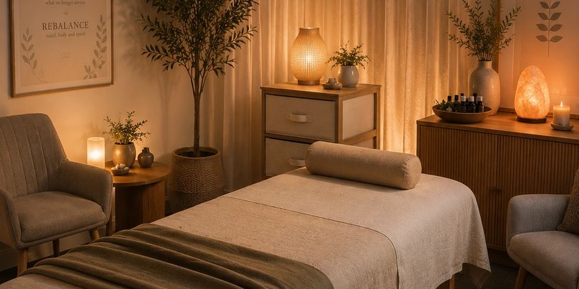 Cozy spa room with soft lighting and natural decor.