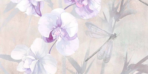 Delicate orchids and a dragonfly in soft pastel tones.