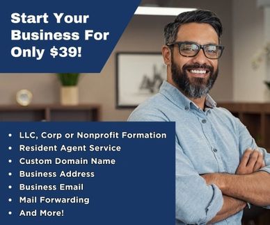 Smiling man promoting business startup services for $39 with various benefits.