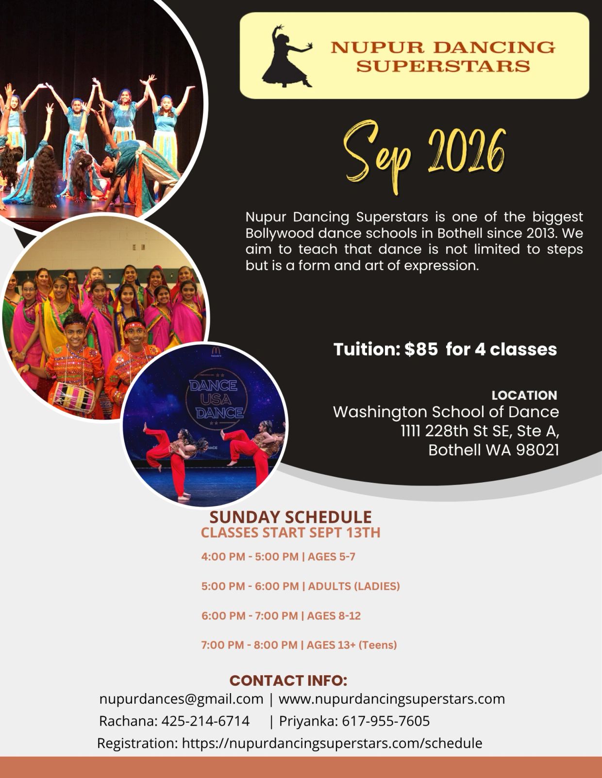 Nupur Dancing Superstars Bollywood dance classes in Bothell starting Sept 2026.