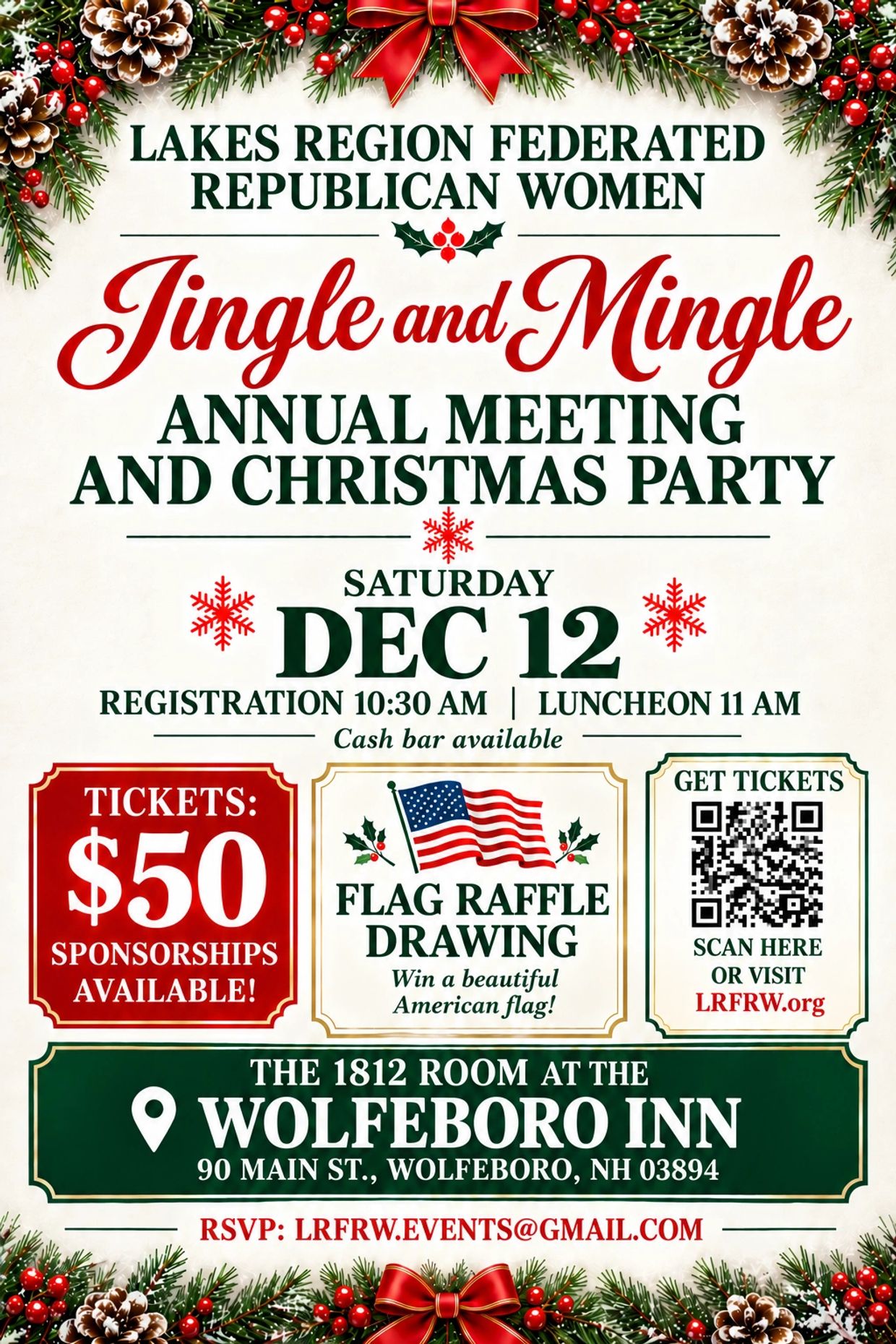 Holiday meeting and Christmas party announcement with ticket info and raffle.