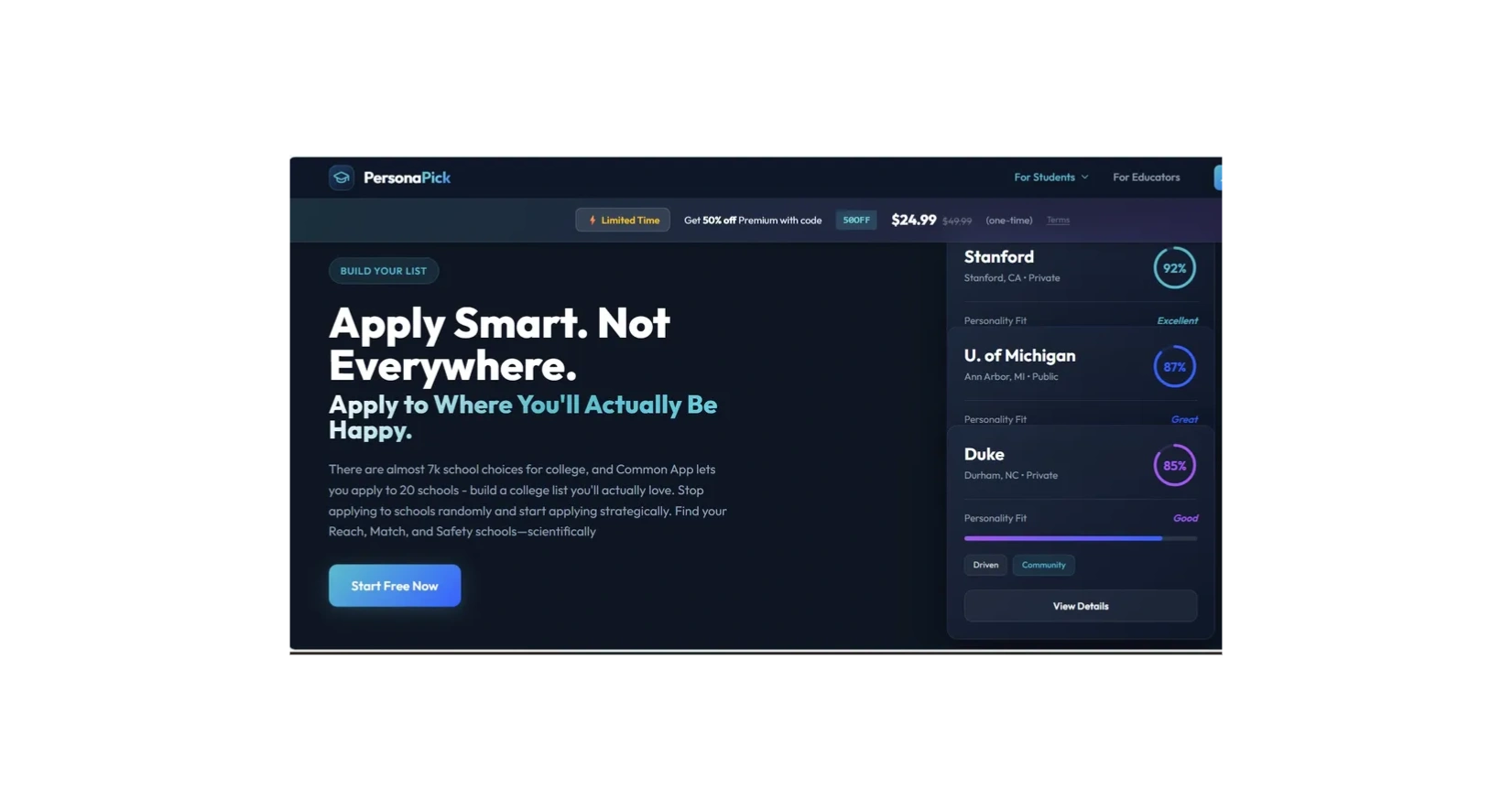 Build your college application list based on where you'll actually thrive. Find your best matches ba