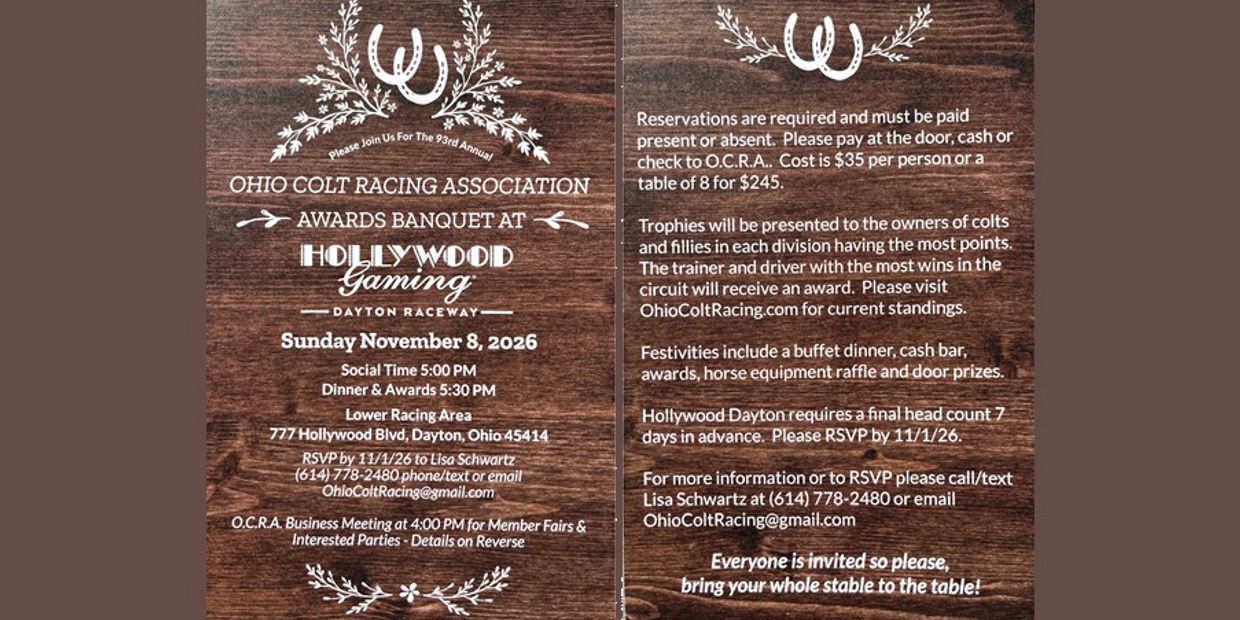 Ohio Colt Racing Awards Banquet invitation with event details and RSVP information.
