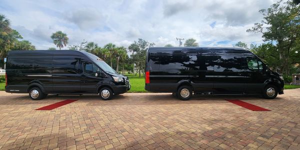 Two black cargo vans parked facing each other on a brick driveway with palm trees in the background.