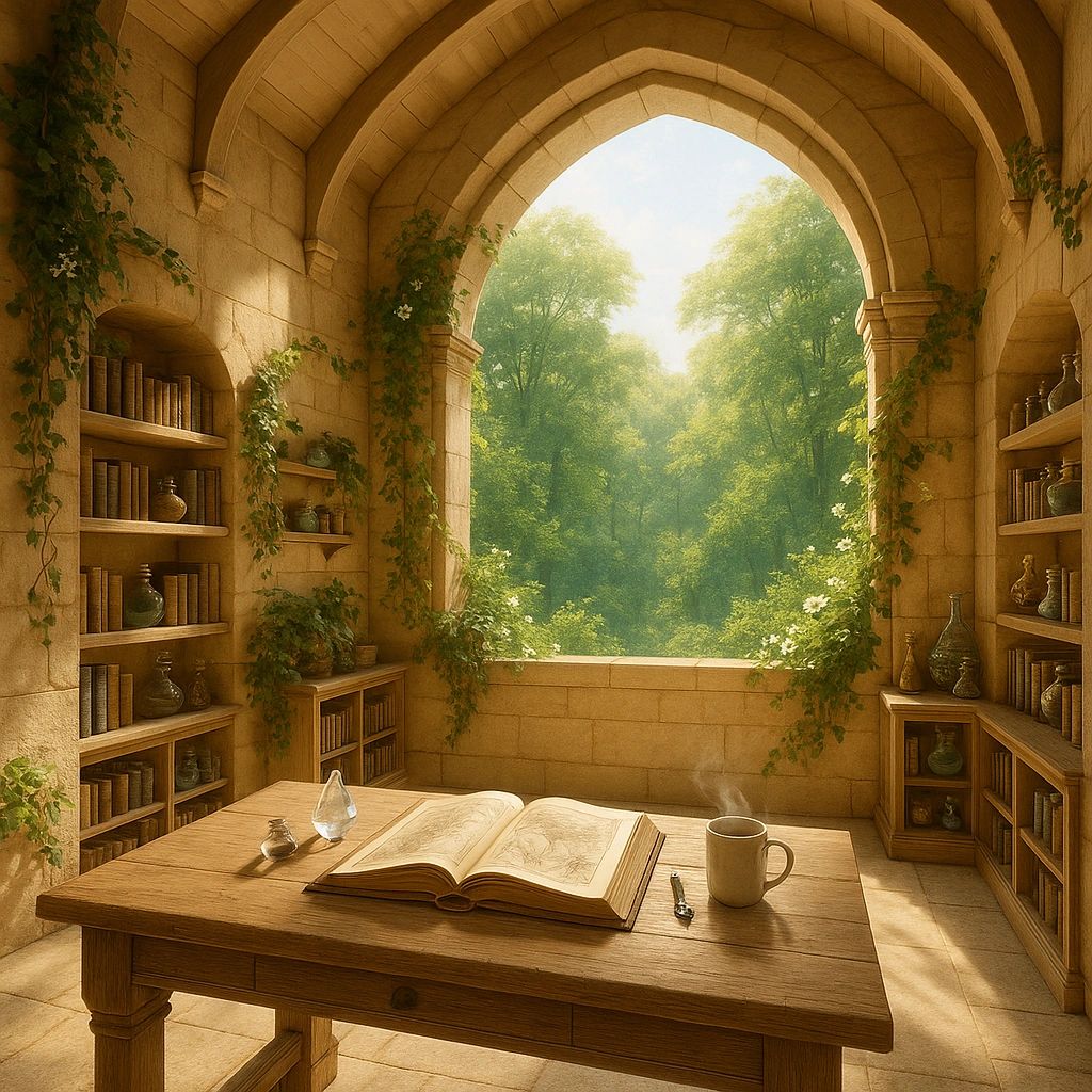 Room with a large window  a table in the center and books and jars on the wall shelves. 