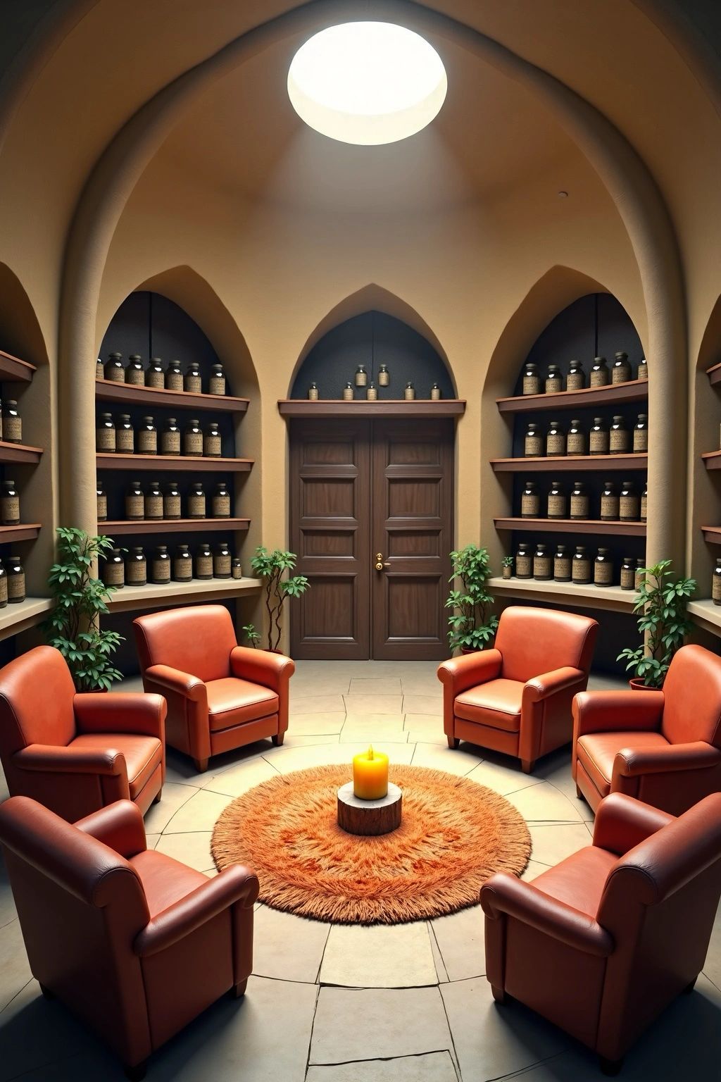 A room with sofa chairs in a circle with a candle in the middle