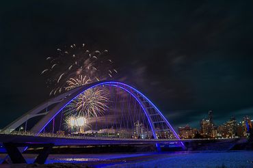 New Years Fireworks over Walterdale Bridge in Edmonton