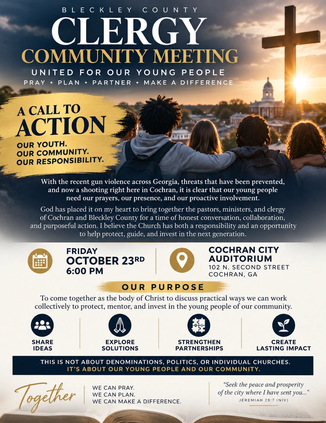 Clergy community meeting for youth action in Cochran, GA on October 23.
