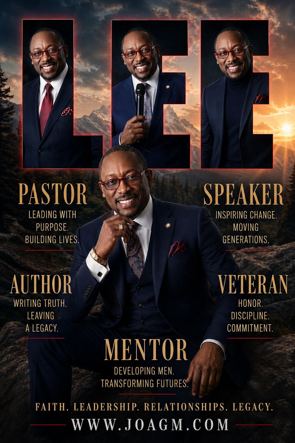 Portrait of a man highlighting his roles as pastor, speaker, author, veteran, and mentor.
