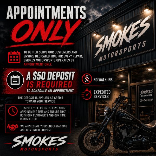 Motorcycle repair shop requiring appointments only with deposit.