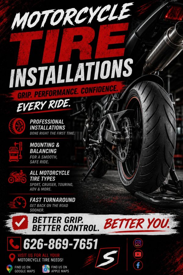 Motorcycle tire installation service ad with benefits listed.
