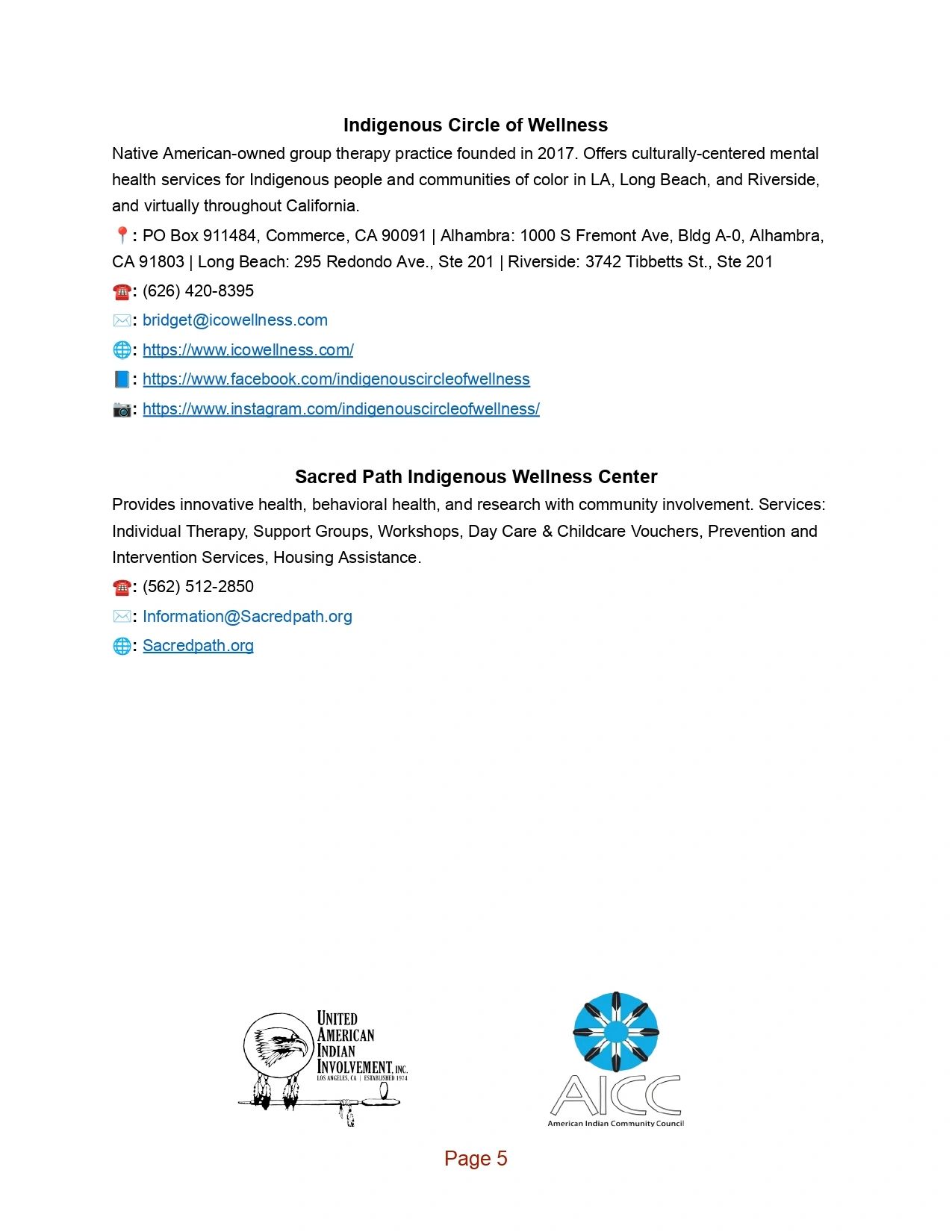 Contact info for Indigenous Circle of Wellness and Sacred Path Indigenous Wellness Center.