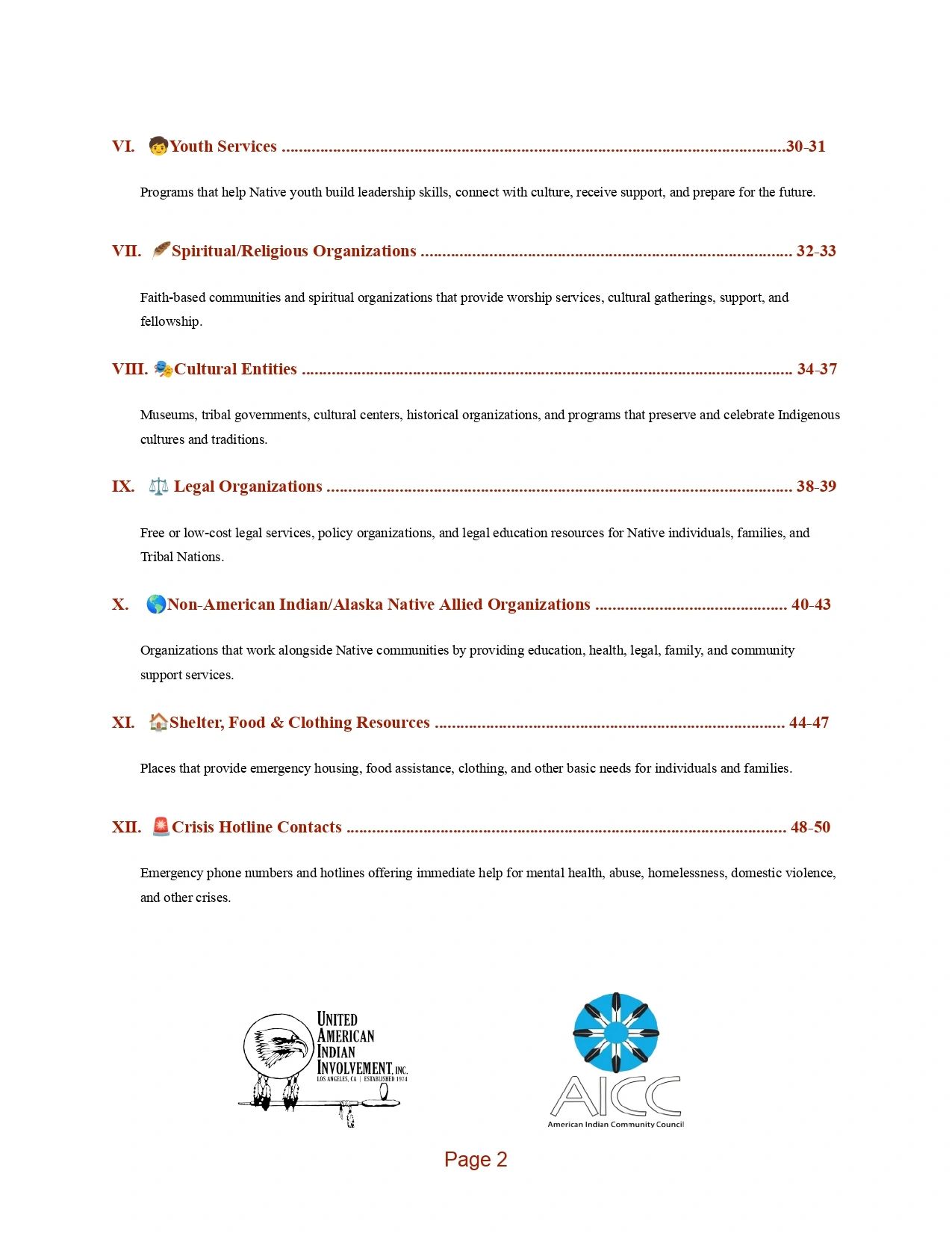 Table of contents listing Native American service categories and page numbers.
