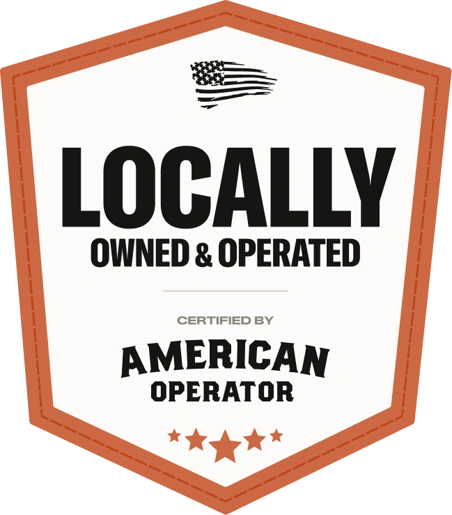 Badge stating 'Locally Owned & Operated' certified by American Operator with stars and a flag.