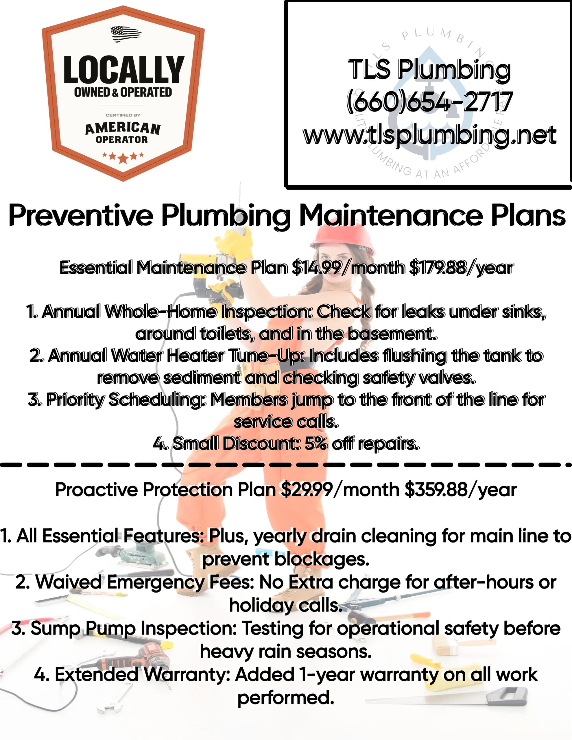 TLS Plumbing offers preventive plumbing maintenance plans with essential and proactive protection options.