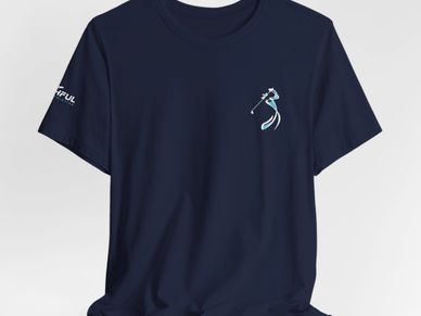 Navy blue T-shirt with a small abstract design on the chest and text on the sleeve.