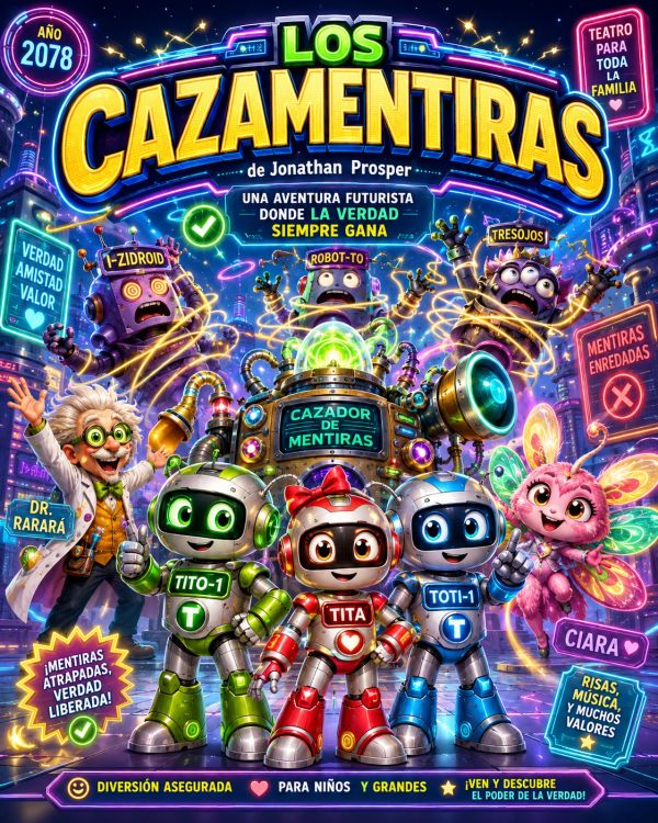 Colorful poster of a futuristic adventure show featuring robots and a scientist.