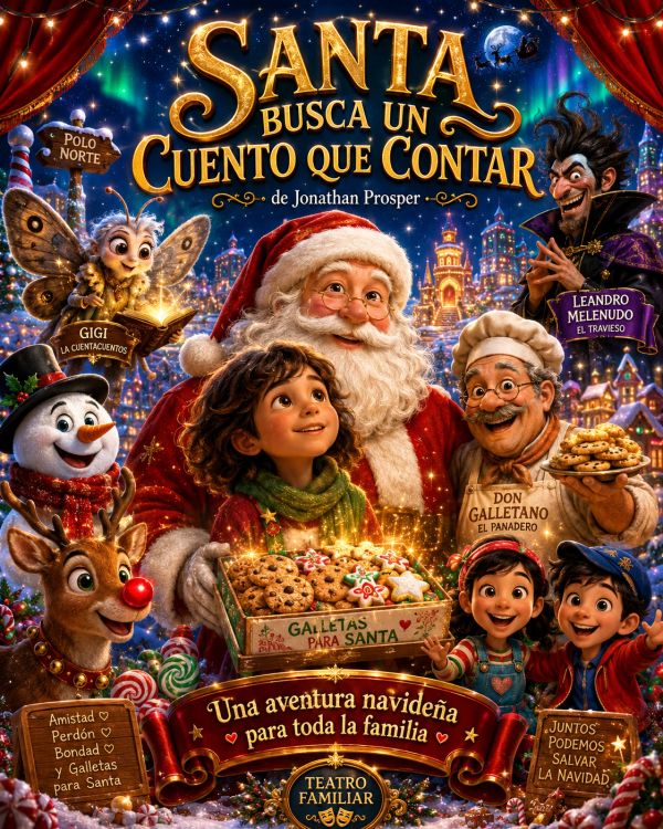 Cartel navideño animado con Santa y personajes festivos en una aventura familiar.