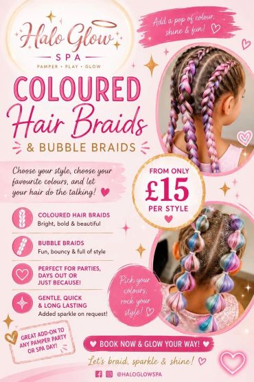 Halo Glow Spa offers fun, colorful hair and bubble braids from £15.
