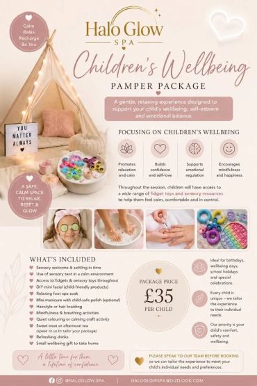Pamper package for children's wellbeing at Halo Glow Spa.