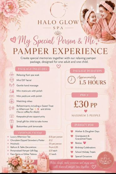 Pamper experience package for one adult and one child at Halo Glow Spa.