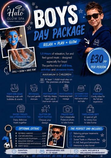 Boys Day Package at Halo Glow Spa, £30 per person, includes fun and relaxing treatments.
