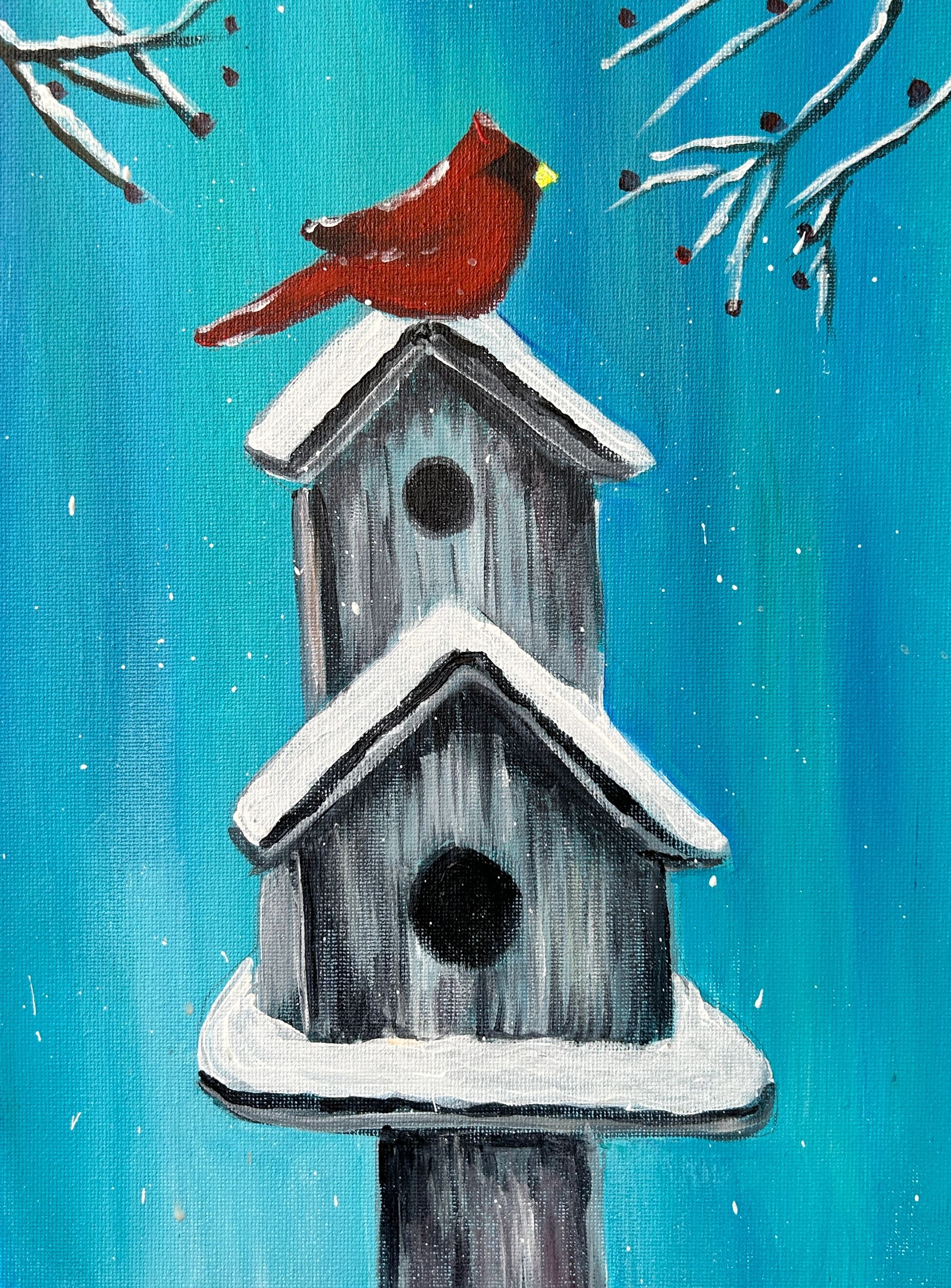 Painting of a red cardinal sitting on a bird house