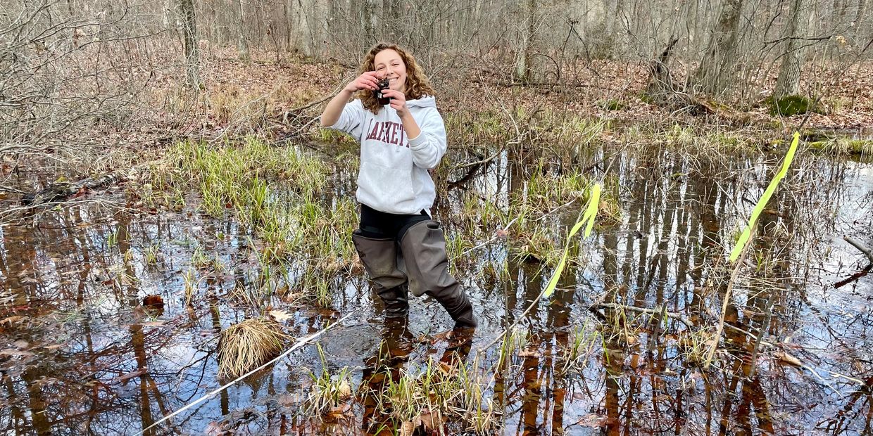 Olivia Sterantino conducting vernal pool research in Pennsylvania. 