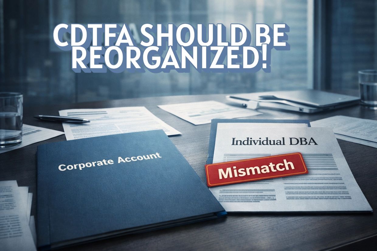 Documents showing a mismatch between Corporate Account and Individual DBA with a call to reorganize CDTFA.