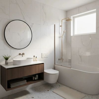 Modern bathroom with round mirror, floating vanity, and bathtub with glass shower screen.