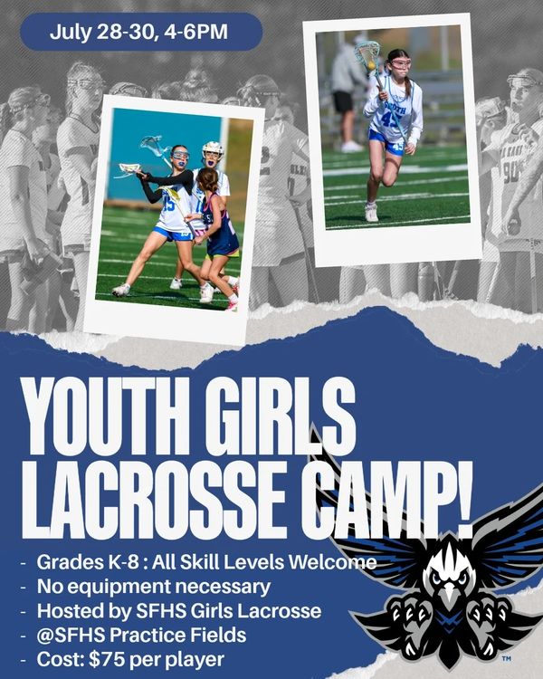 Youth girls lacrosse camp for grades K-8, July 28-30, 4-6PM, $75 per player.