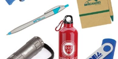 Branded and customized promotional products like mugs, water bottles, pens, golf balls, & more