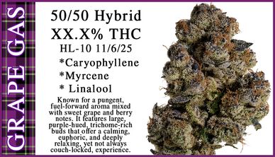 Close-up of grape-flavored cannabis buds with THC and terpene details.
