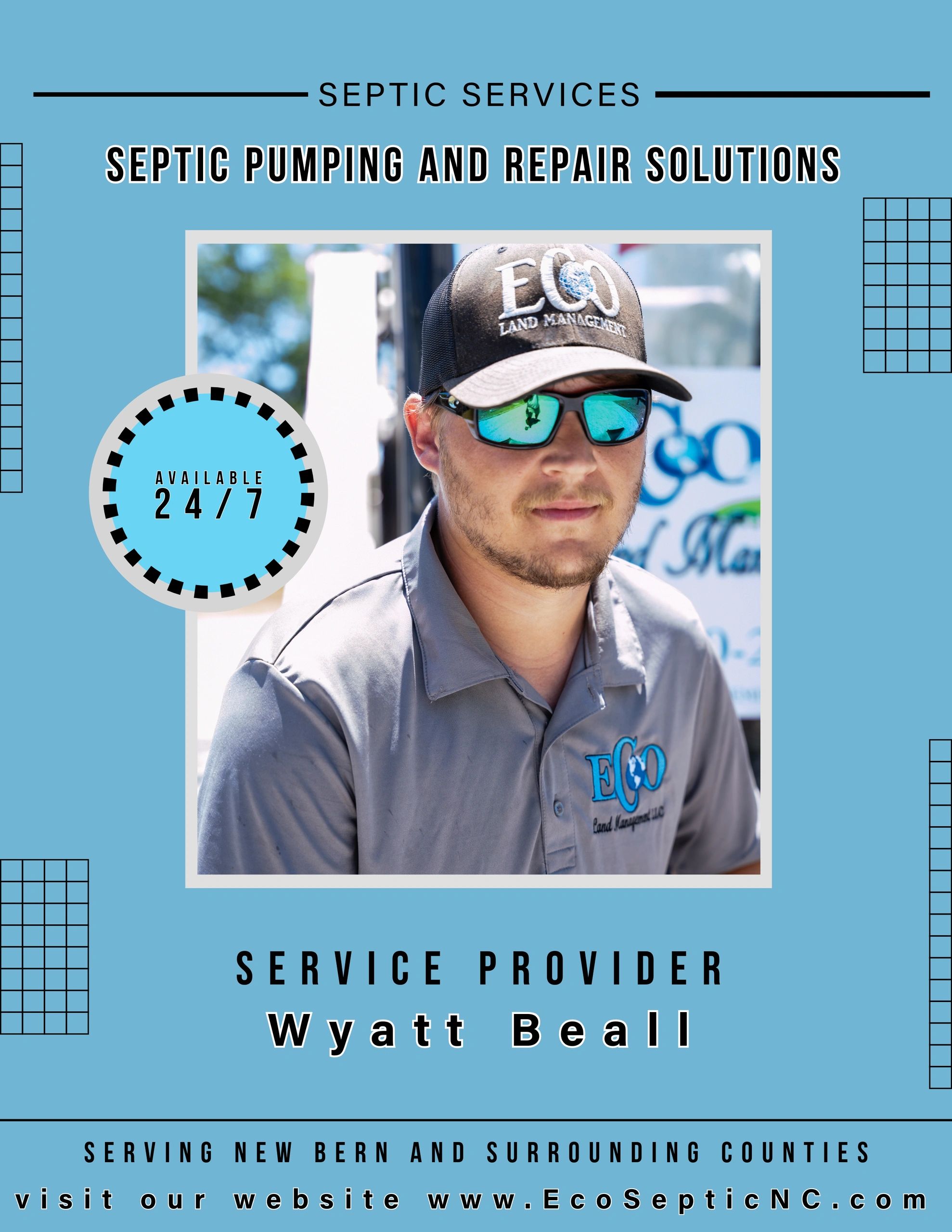 Septic pumping and repair services by Wyatt Beall, available 24/7.