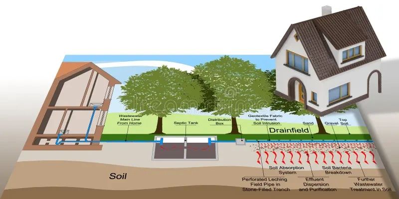 Diagram of a home septic system with soil absorption field.