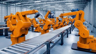 Orange robotic arms line a modern automated assembly conveyor belt in a spacious factory.