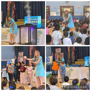 Teacher engaging young students in a weather-themed educational presentation.