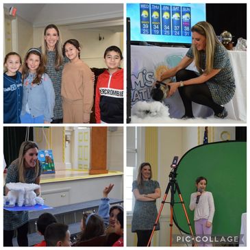 Woman interacts with children, demonstrating science experiments and filming in a classroom setting.