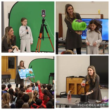A woman interacts with children in various educational activities indoors.