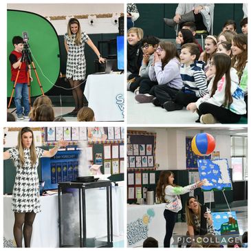 Teacher engaging students with weather lessons using a green screen, forecast, and interactive activities.