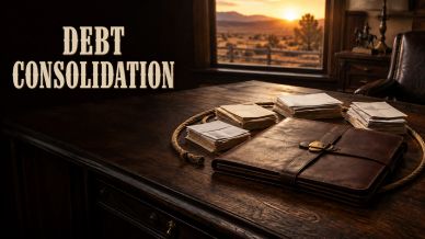 Packages of money on a desk labeled debt consolidation.