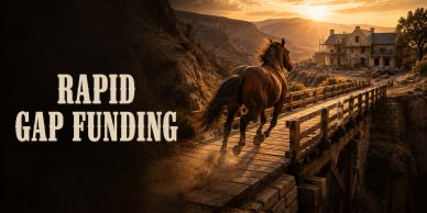 Horse running on a bridge at sunset with text 'Rapid Gap Funding'.