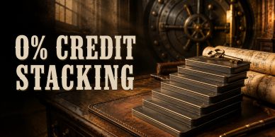 0% credit stacking promotion with vintage vault background.